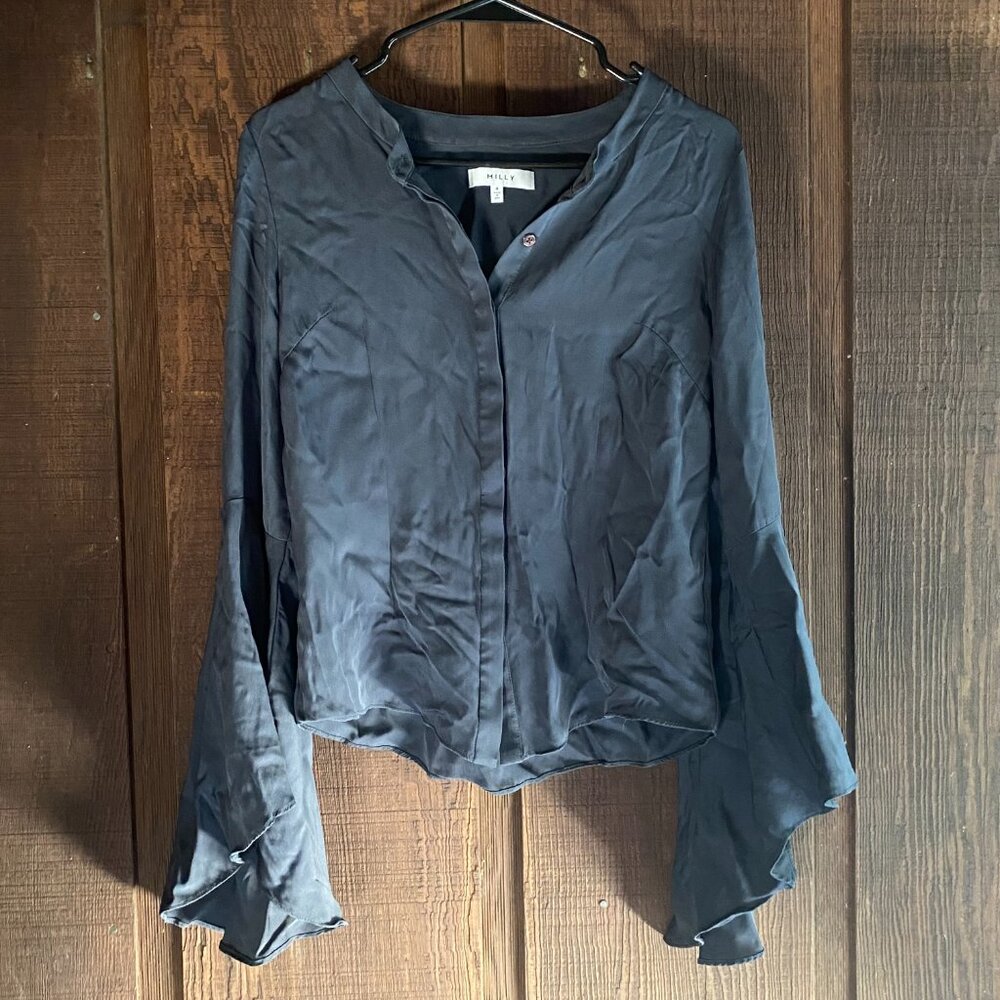 Milly 92% Silk Gray Round Bell Sleeve To Blouse Women's Size 4